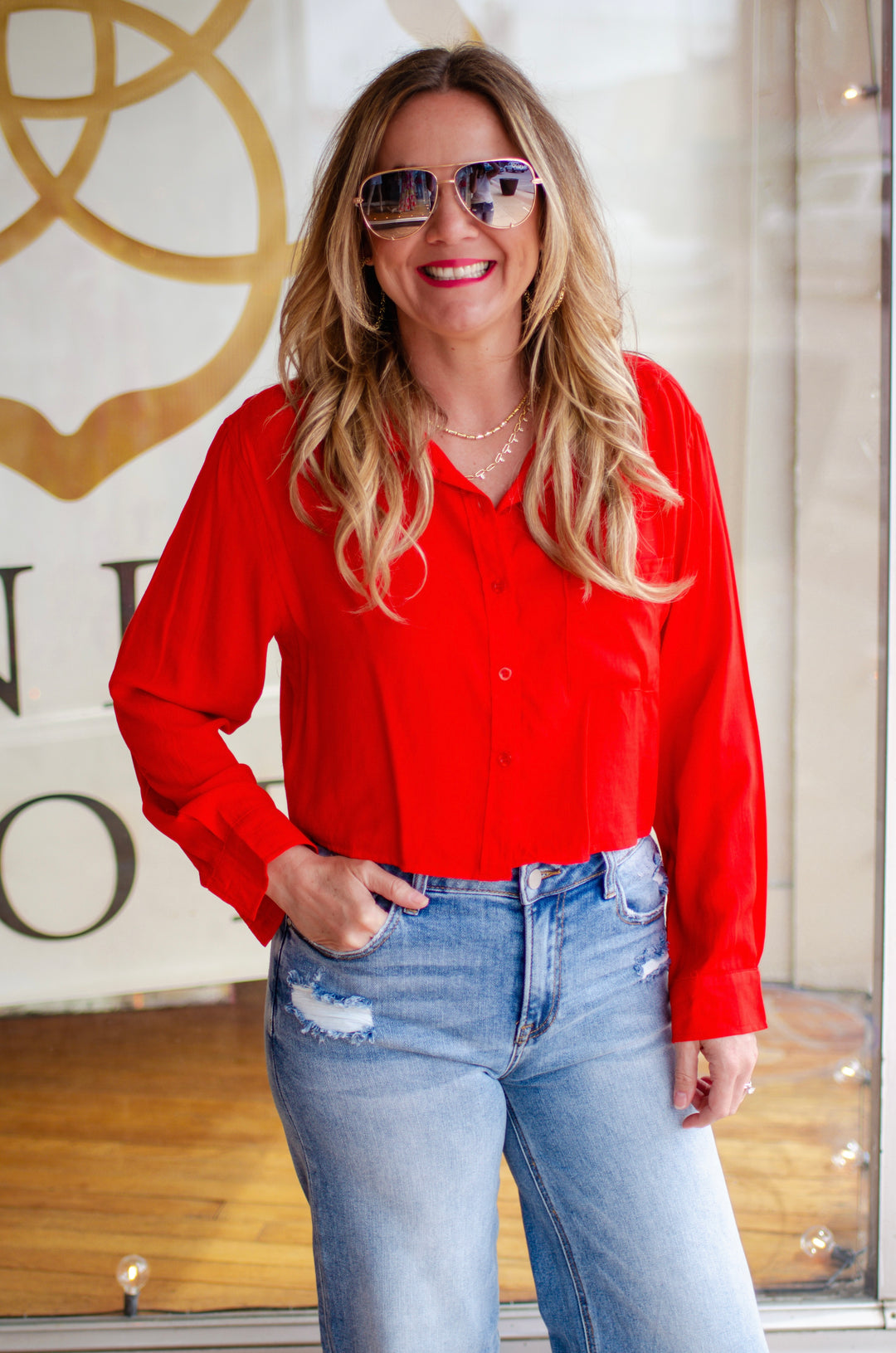 Forever Yours Button Down Crop in Red