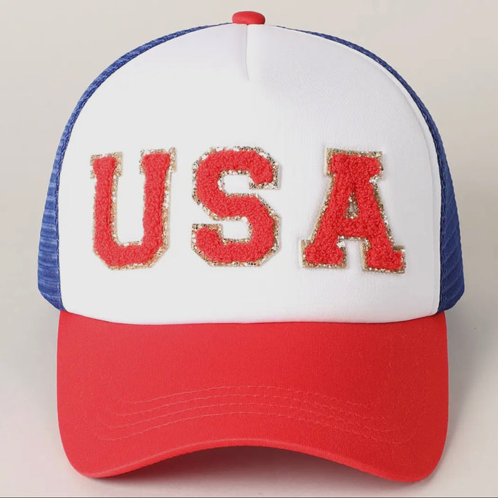 USA Chenille Patch Trucker Hat in Red, White & Blue