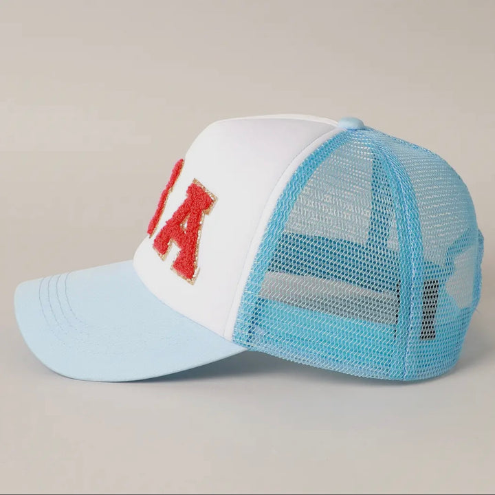 USA Chenille Patch Trucker Hat in Light Blue