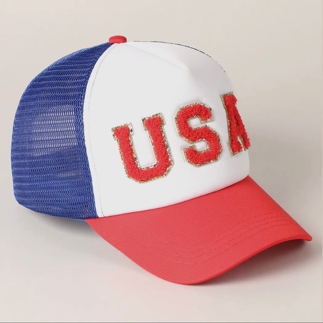 USA Chenille Patch Trucker Hat in Red, White & Blue