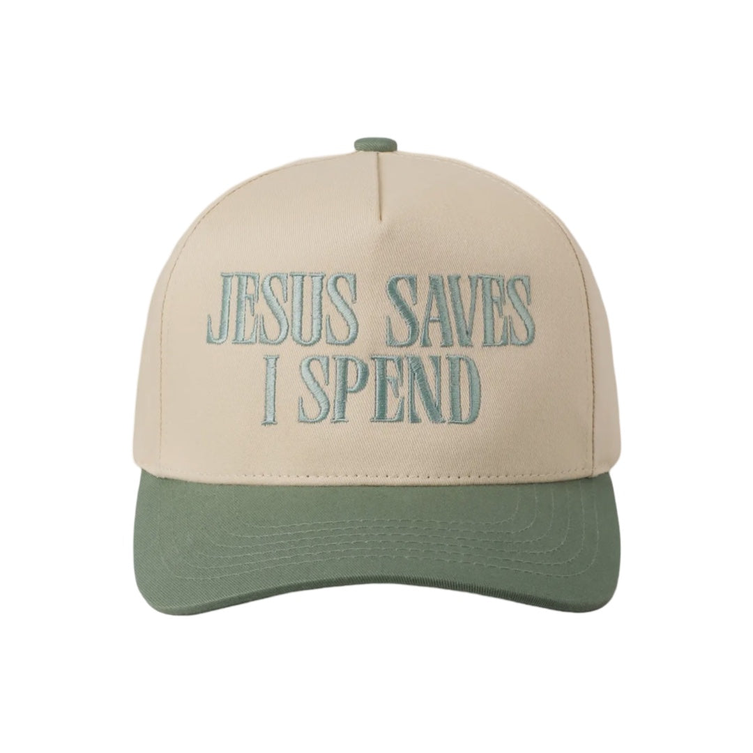 Jesus Saves I Spend Embroidered Trucker Hat in Sage – Bliss 