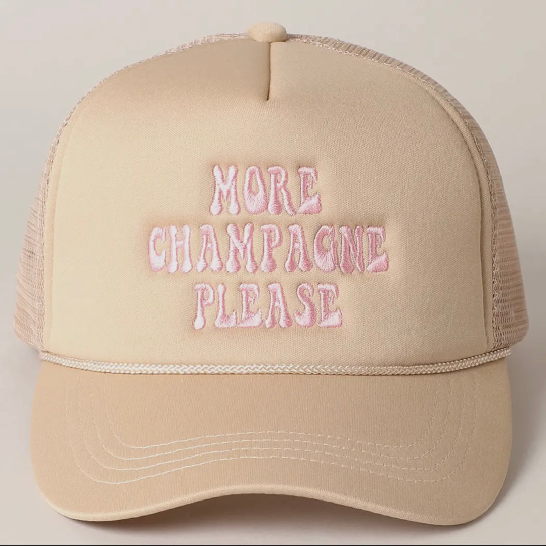 "More Champagne Please" Embroidered Trucker Hat in Beige