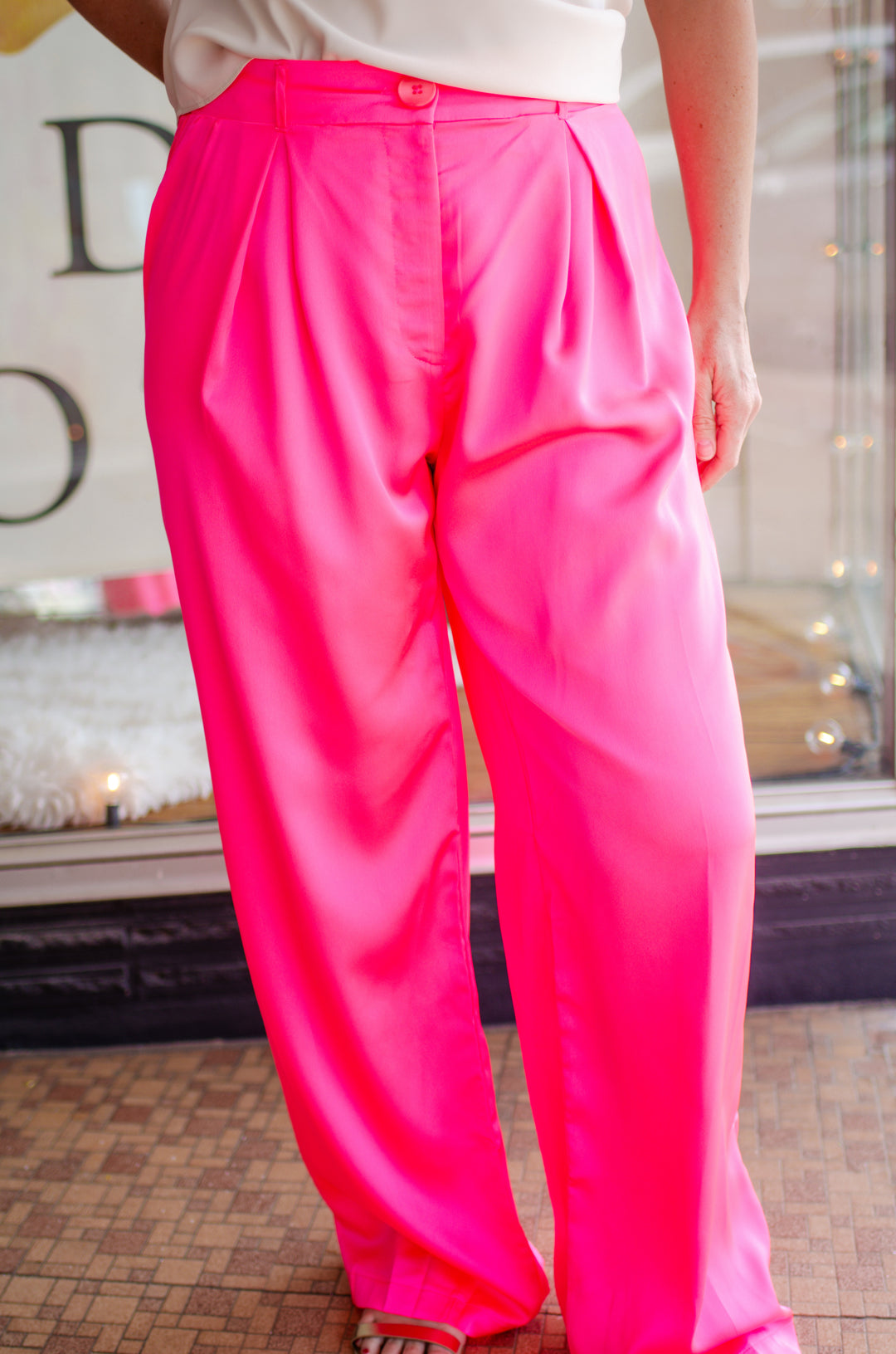 Perfectly Pink High Rise Silky Pleated Pant in Neon Pink