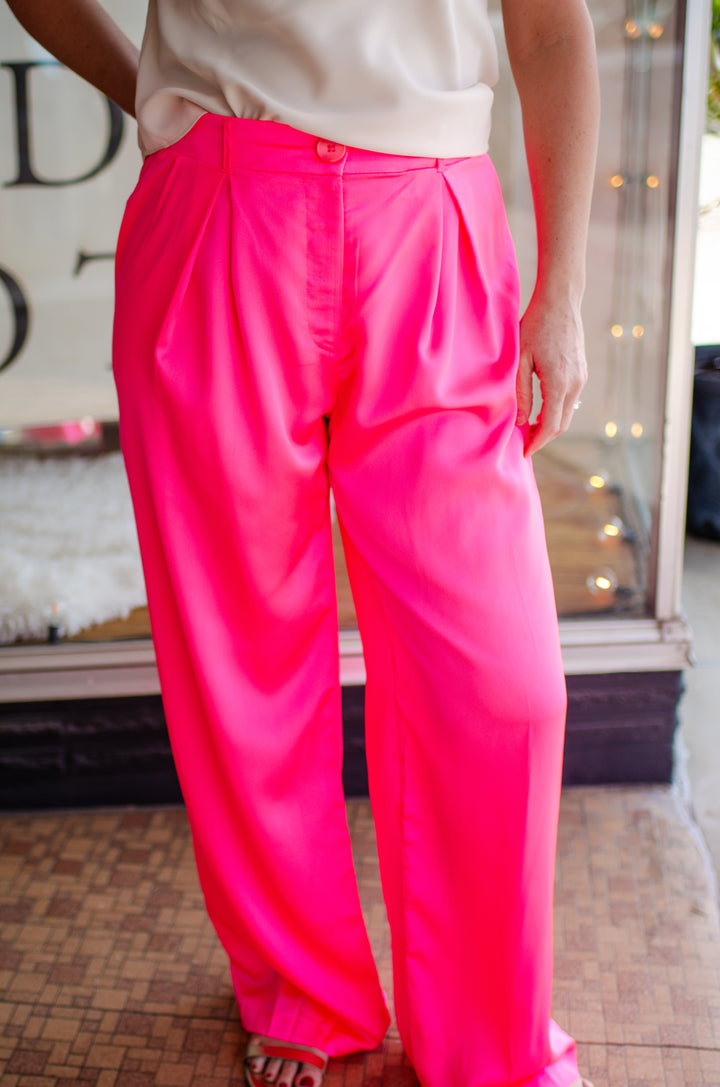 Perfectly Pink High Rise Silky Pleated Pant in Neon Pink