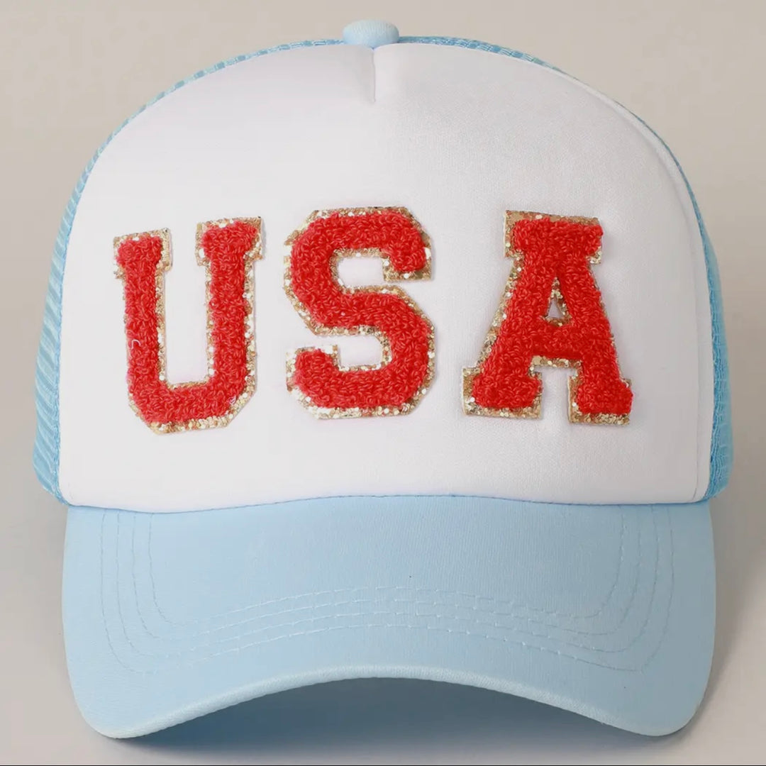 USA Chenille Patch Trucker Hat in Light Blue