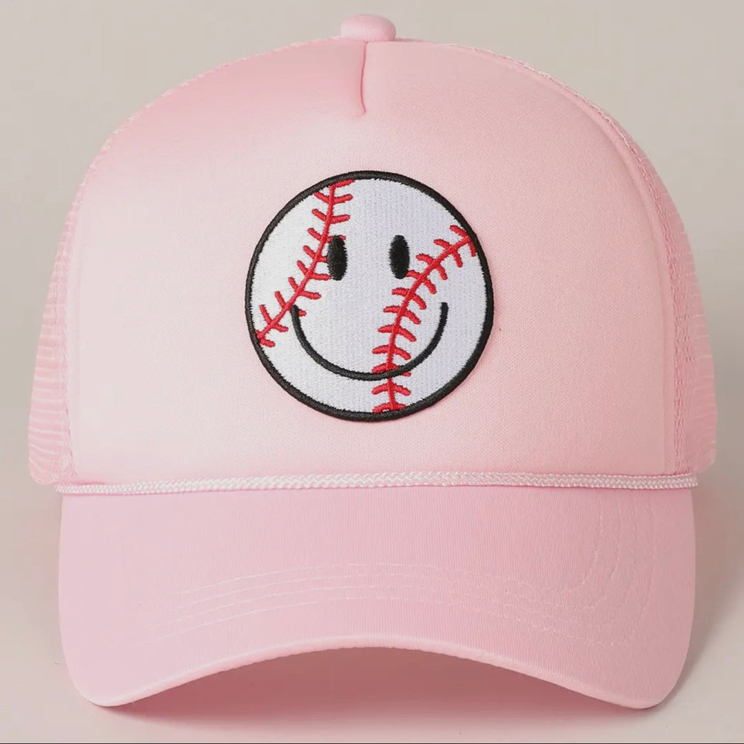 Baseball Happy Face Trucker Hat-Baby Pink