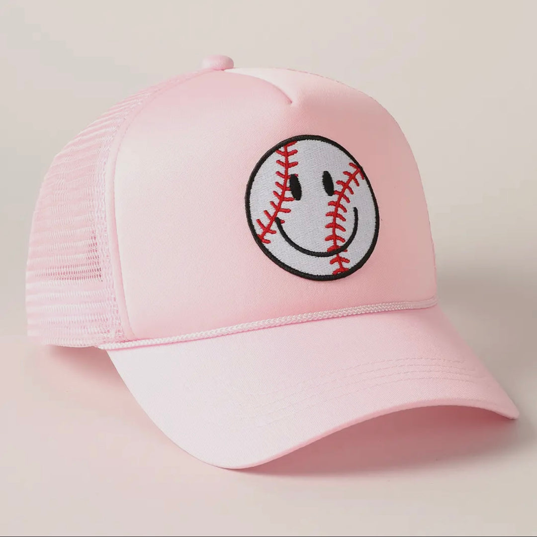 Baseball Happy Face Trucker Hat-Baby Pink