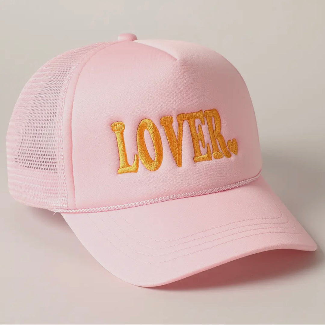 Lover Trucker Hat in Baby Pink/Gold