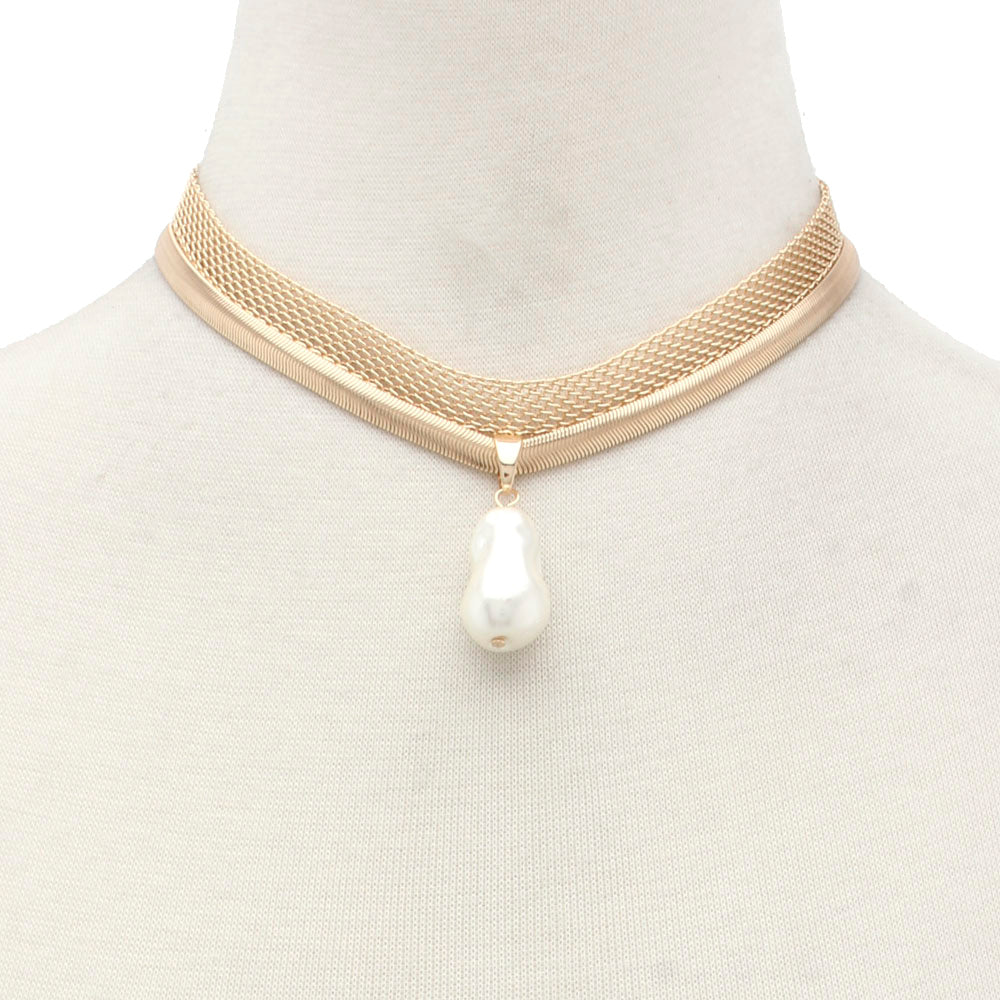 Gold Braided Snake Chain Necklace with a Pearl Drop