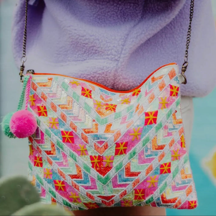 Multi Color Sequined Arrow Clutch Bag with Pom Poms