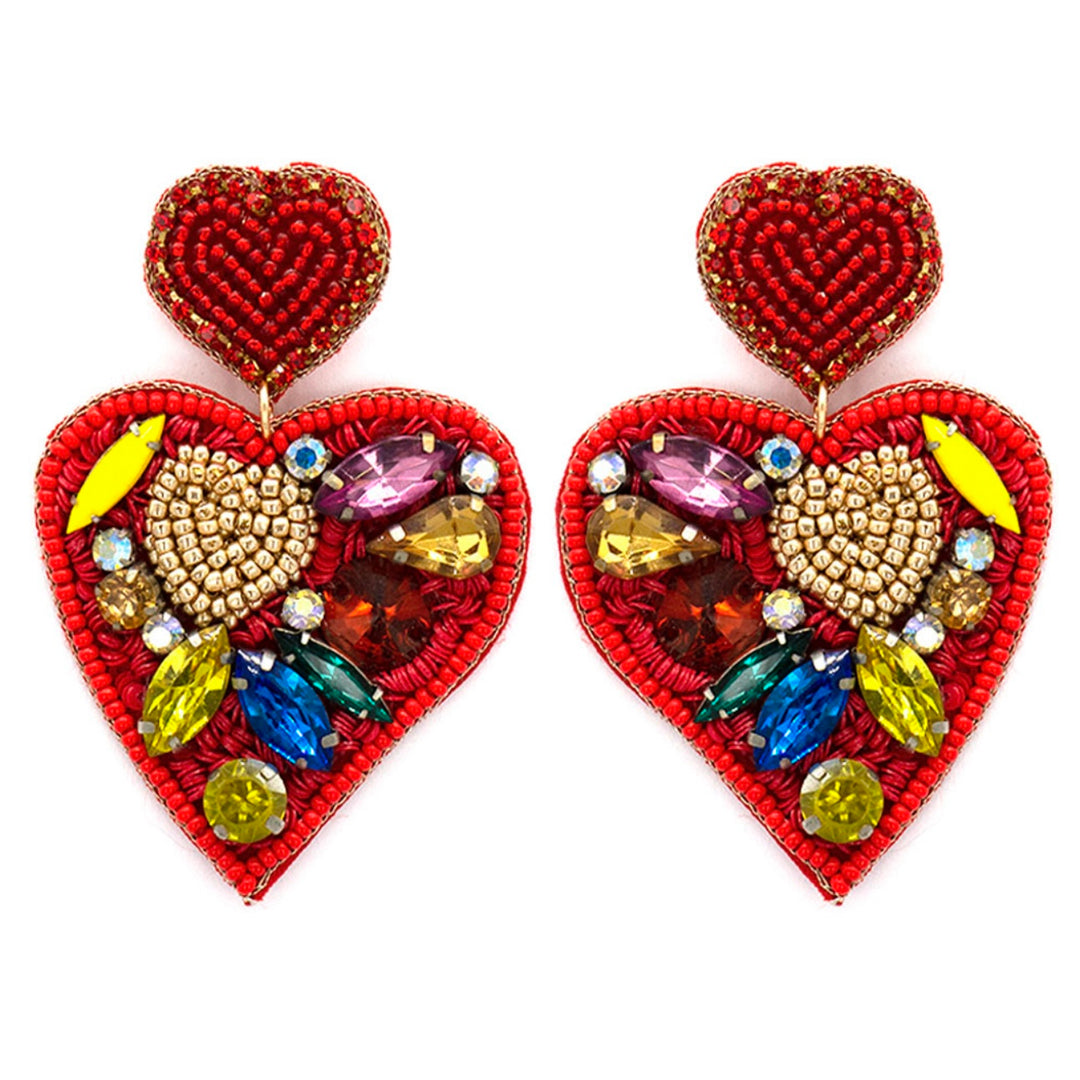 Red Bead Beaded Double Heart Earring