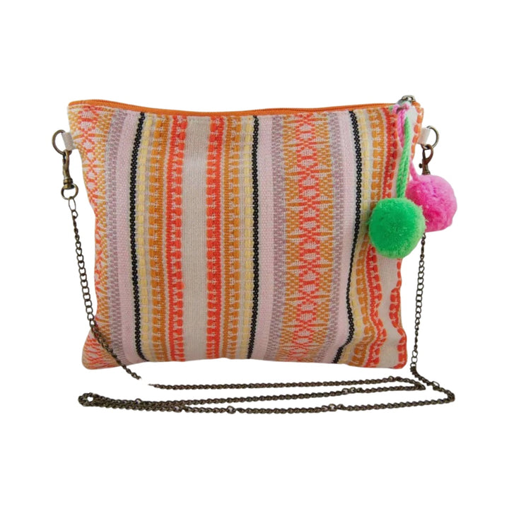 Multi Color Sequined Arrow Clutch Bag with Pom Poms