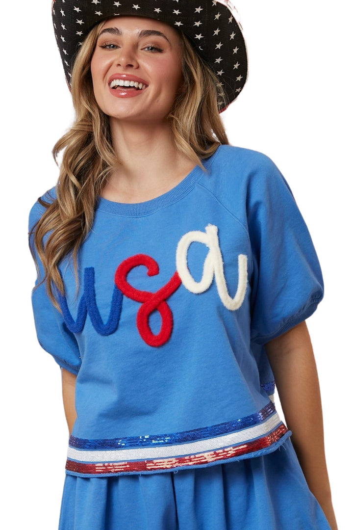 "USA" Embroidered Knit Top with a Sequin Hem