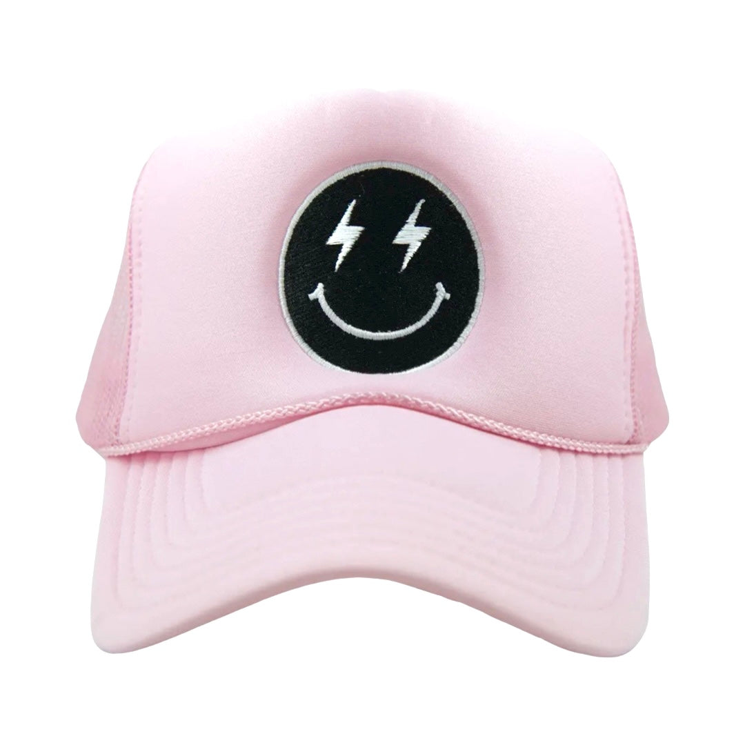 Black Bolt Smiley Patch Trucker Hat-Pink
