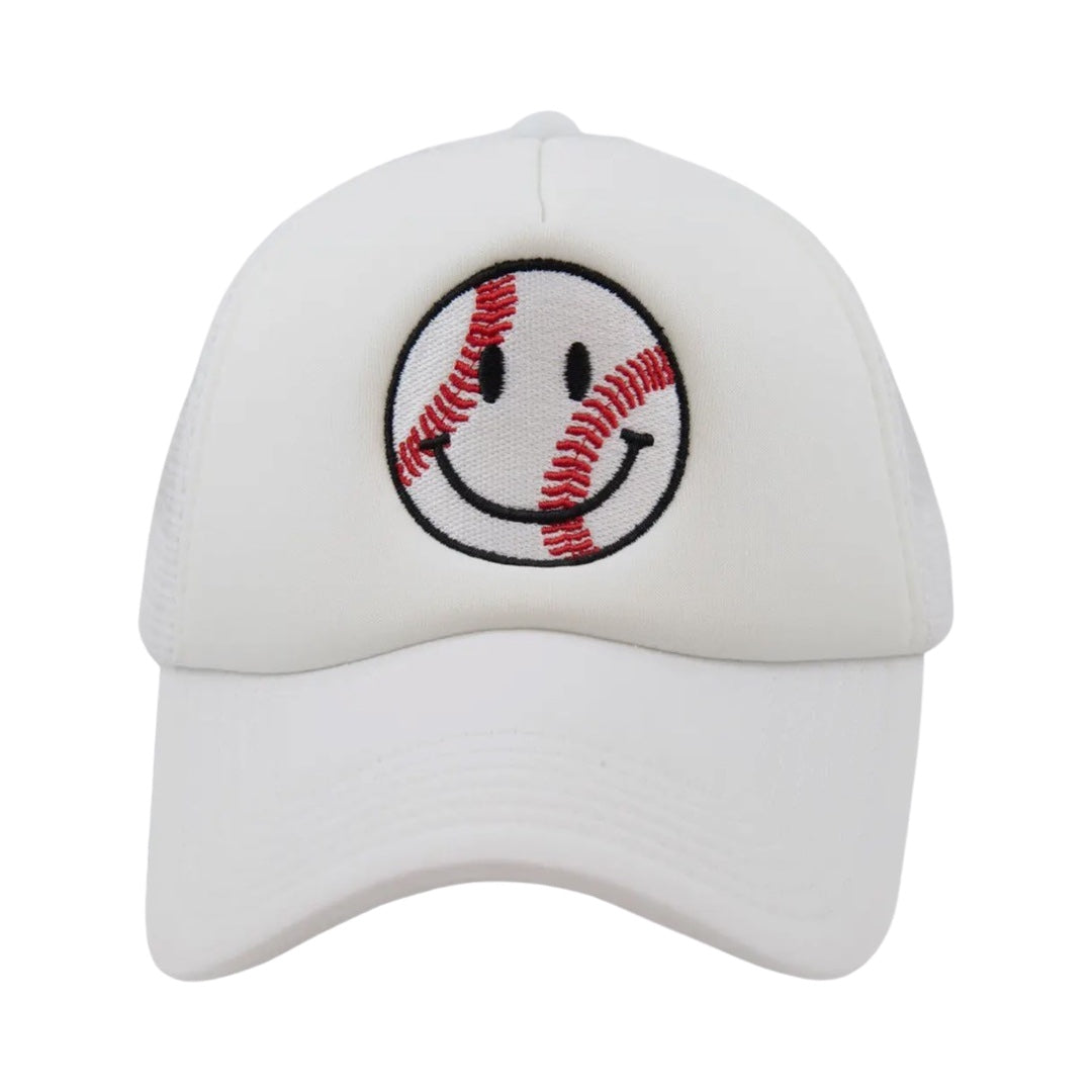 Baseball Happy Face Foam Trucker Hat in White