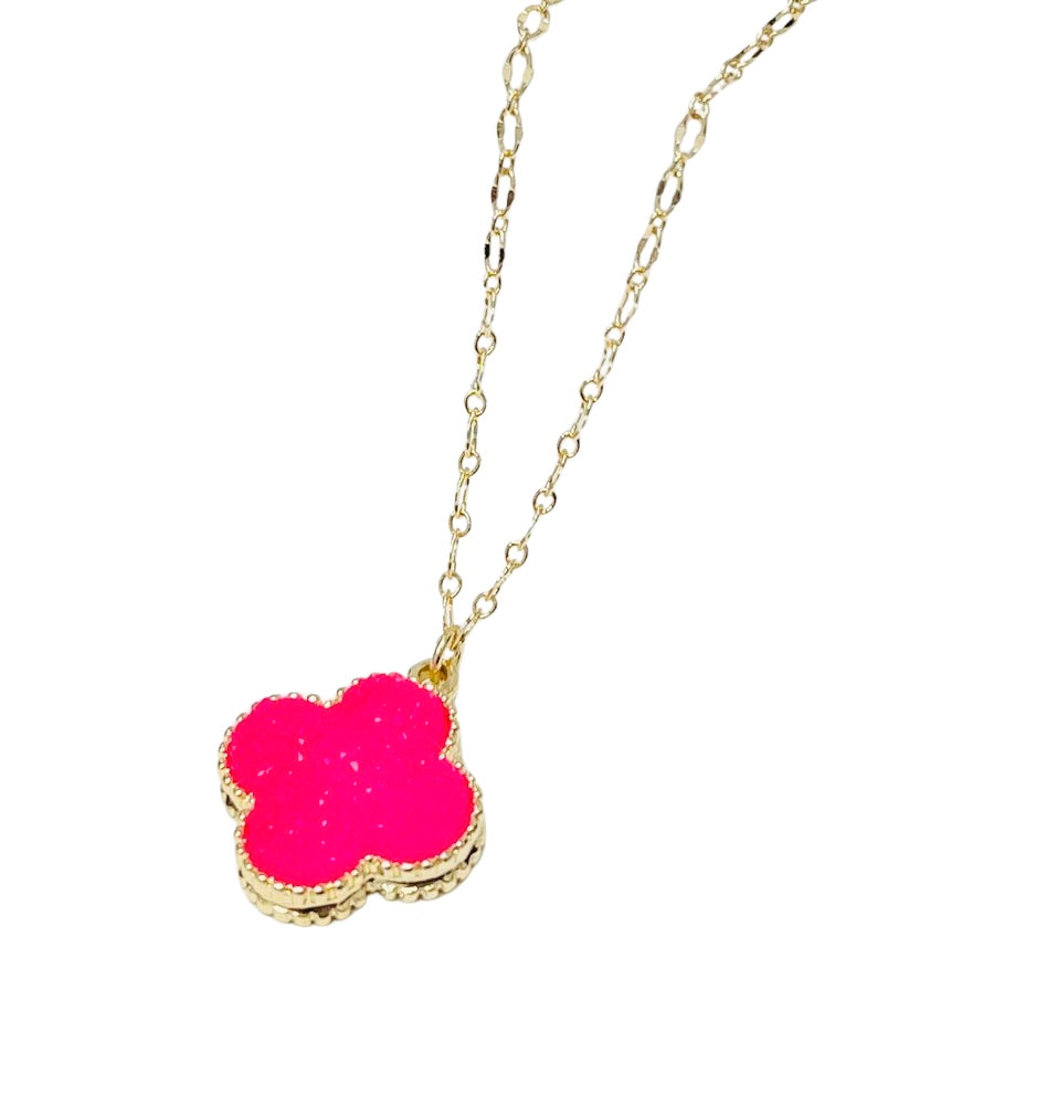 Hot Pink Floret Drop Pendant Necklace in Gold