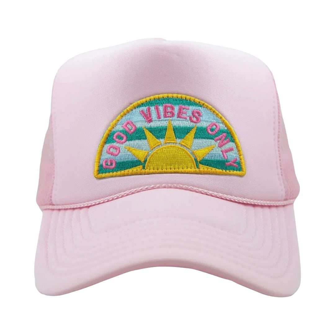 Good Vibes Embroidered Trucker Hat-Pink