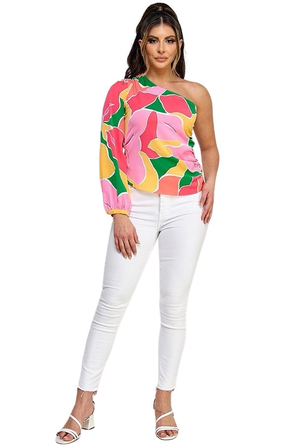 Abstract Floral One Shoulder Top