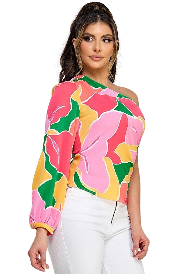Abstract Floral One Shoulder Top