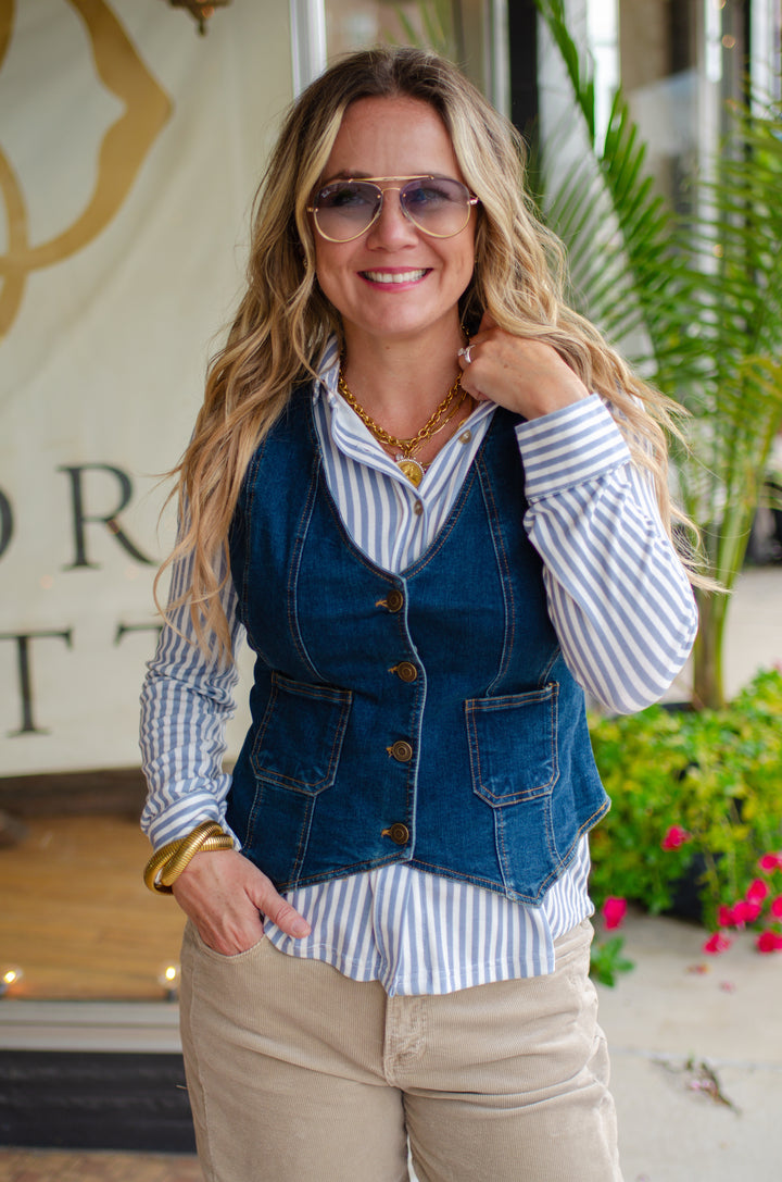 Night Out Denim V-Neck Button Down Vest in Dark Denim