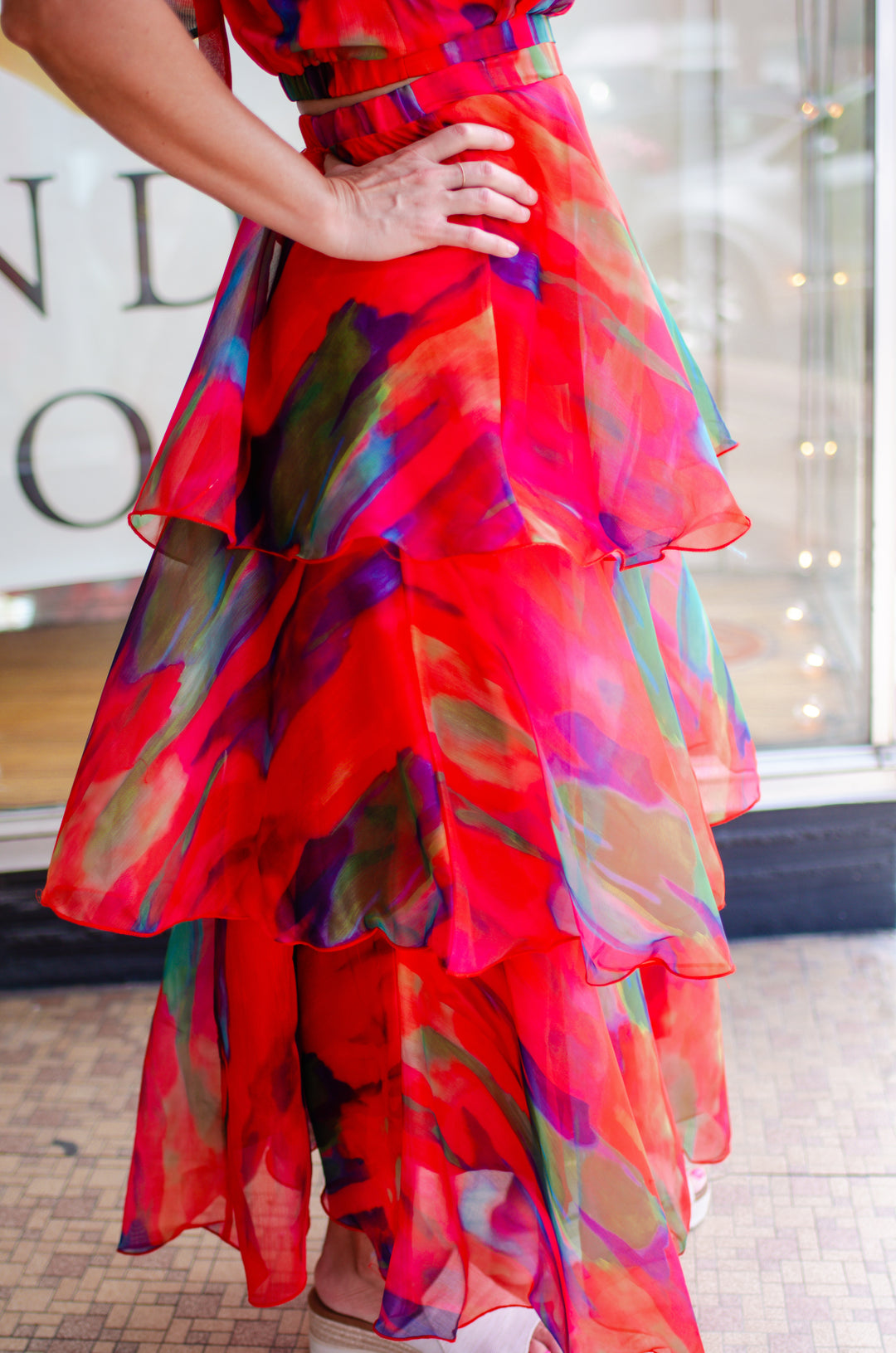 Vibrant Watercolor Tiered Maxi Skirt in Tomato Red