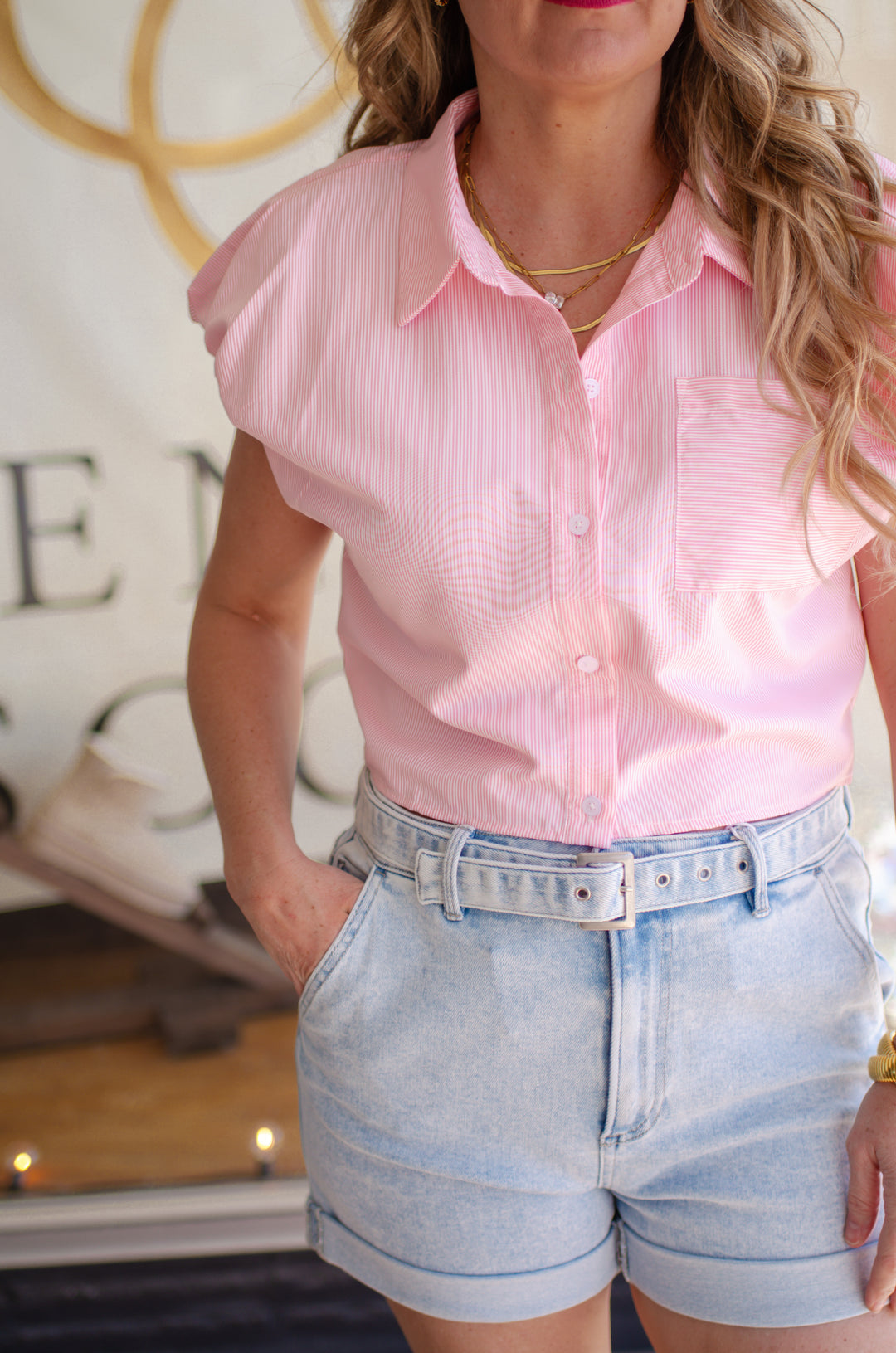 On Point Stripe Button Down Pouf Sleeve Collared Top in Pink