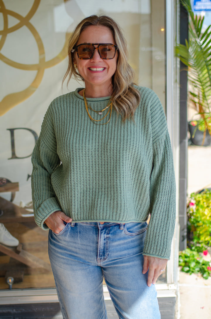 Winter Wonder Rolled Edge Ultra Soft Knit Sweater in Sage
