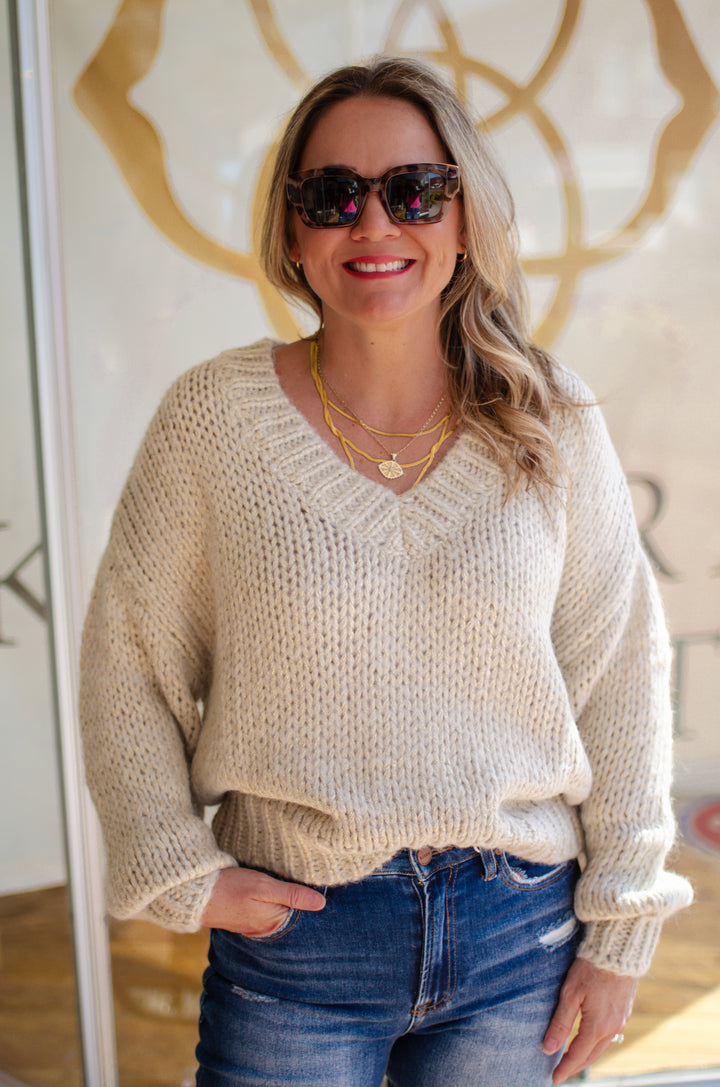 Forever Intertwined Metallic Champagne V-Neck Knit Sweater