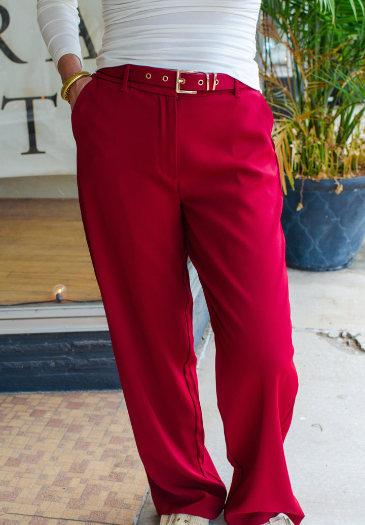 Sophisticated Beauty Belted Wide Leg Trouser Pant in Deep Red