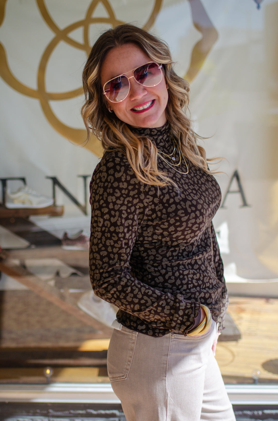 Winter Leopard Fitted Long Sleeve Mock Neck Top in Chocolate