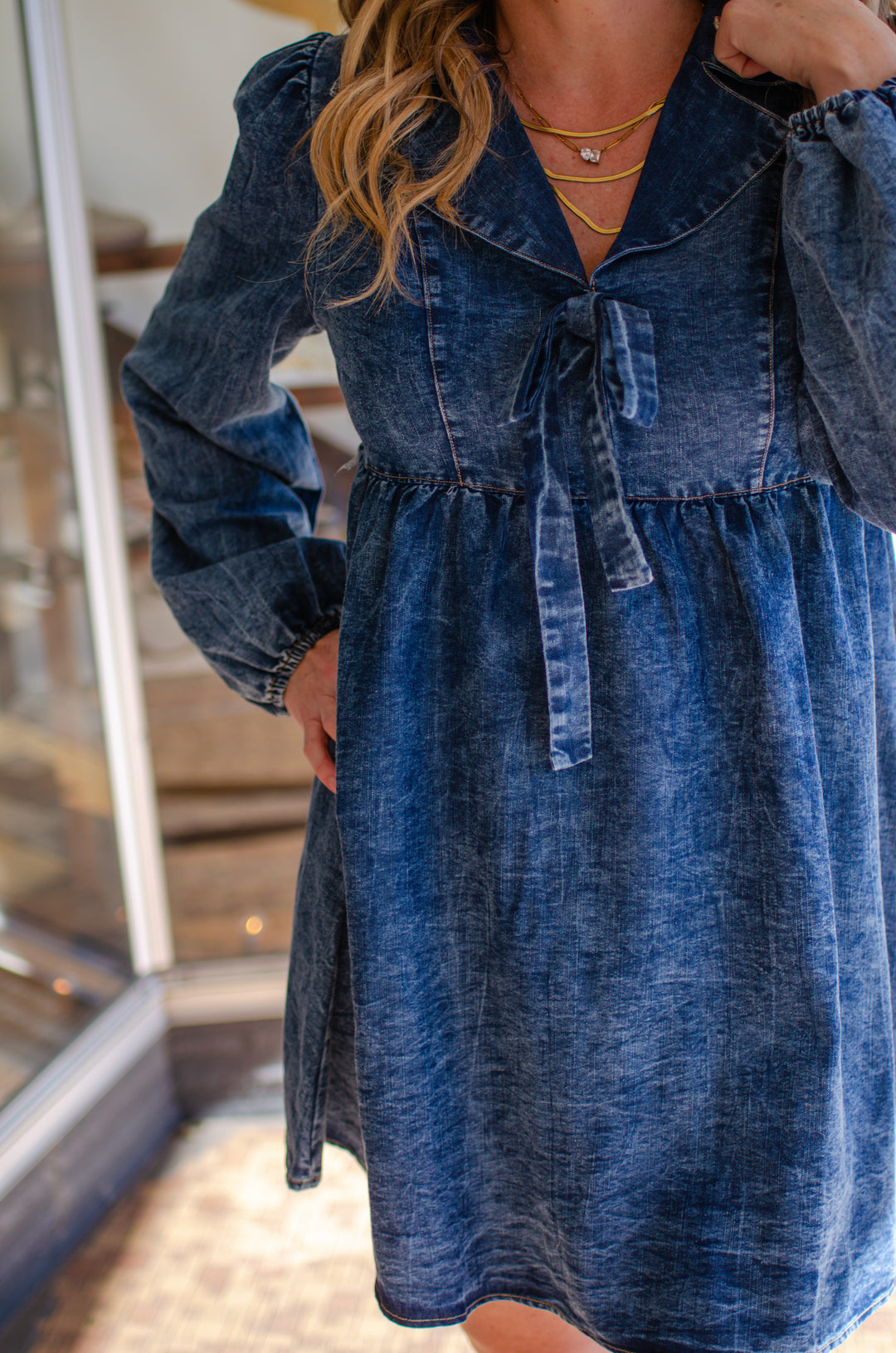 Denim Dreamer Bow Front Washed Dark Denim Dress
