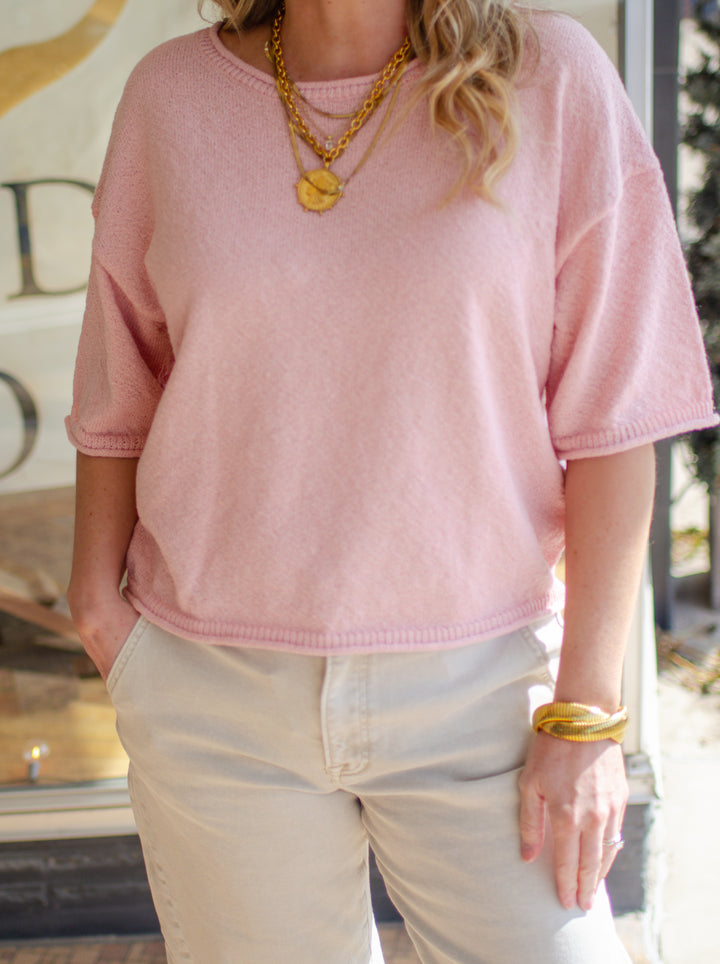 Spring Morning Cozy Knit Drop Shoulder Sweater Top in Pink