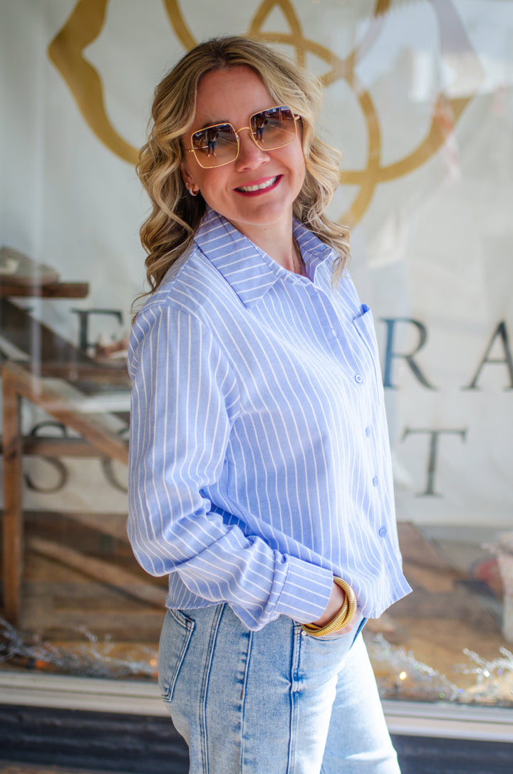 All Buttoned Up Blue & White Stripe Button Down Top