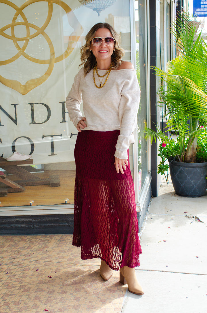 Boho Babe Sheer Lace Midi Skirt in burgundy