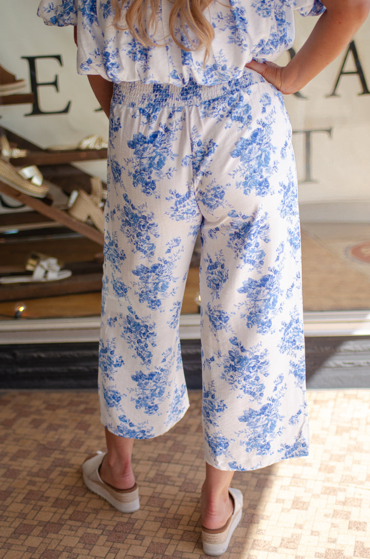 Greek Summer Blue Toile Floral Crop Smocked Top Crop Pant