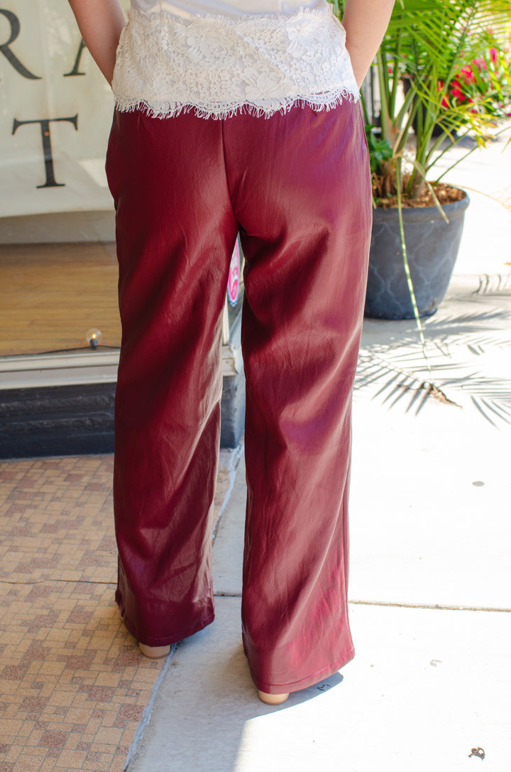 We Belong Together Faux Leather Wide Leg Pant in Burgundy