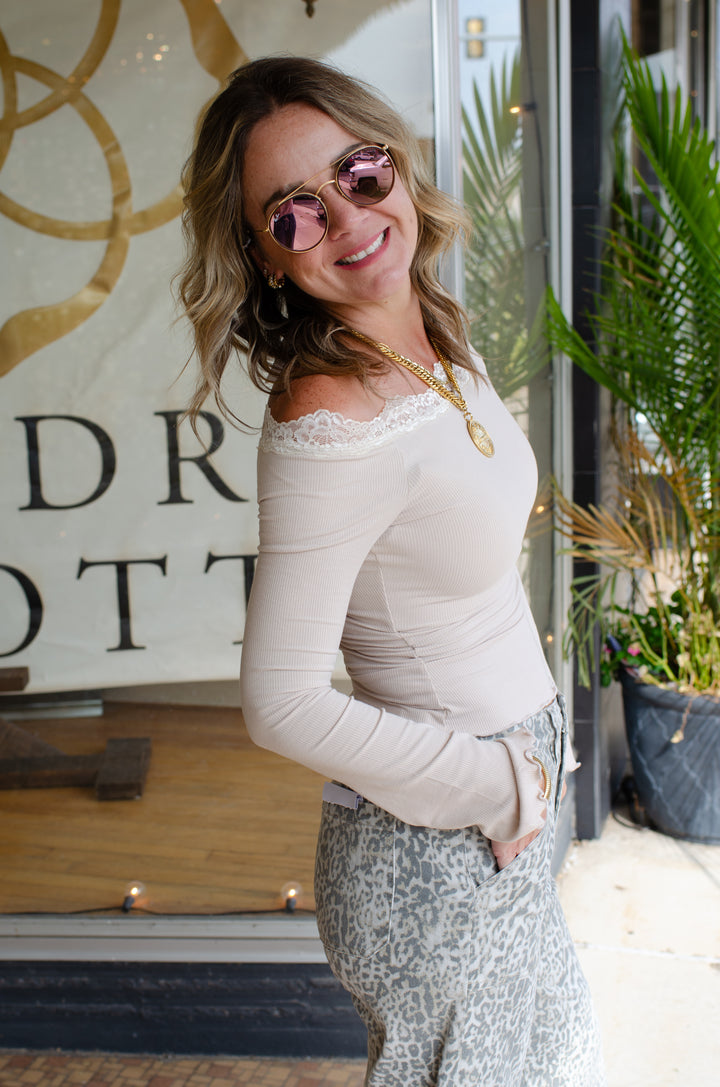 Make Your Own Way Cream Knit Lace Trim Off the Shoulder Top