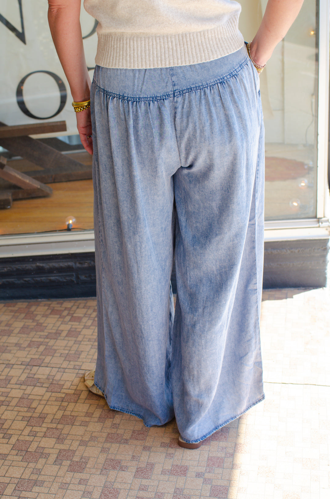 Make A Way Indigo Shirred Wide leg Chambray Pants