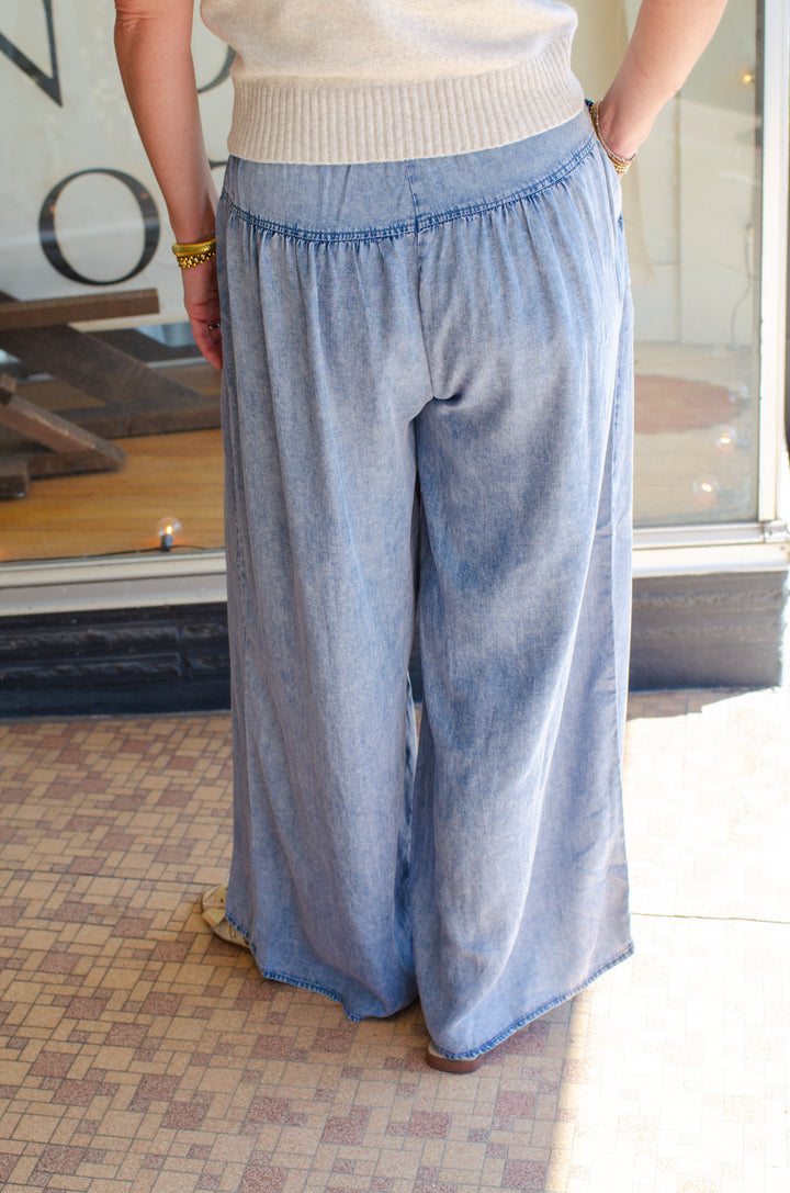 Make A Way Indigo Shirred Wide leg Chambray Pants