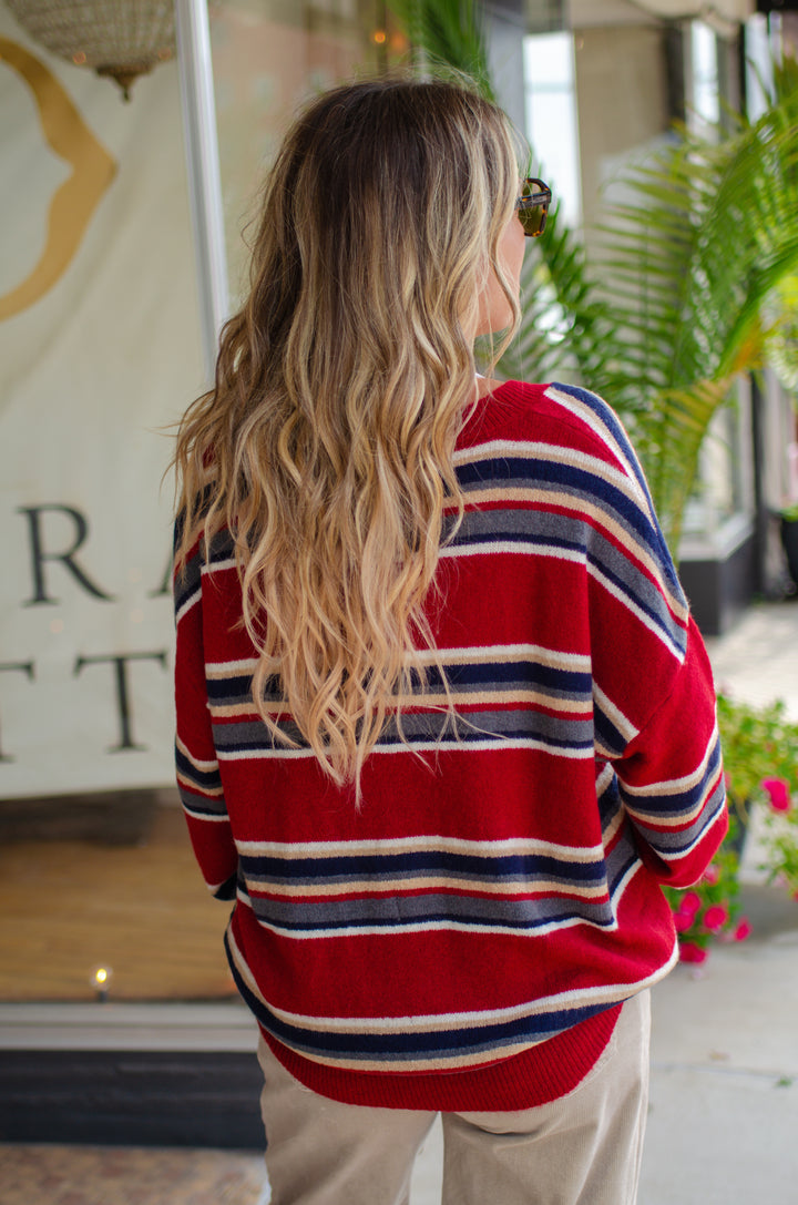 Change of Season Deep Red Stripe V-Neck Sweater
