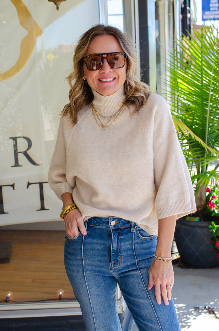 Every Move You Make Cream Mock Neckline 3/4 Sleeve Sweater in Cream