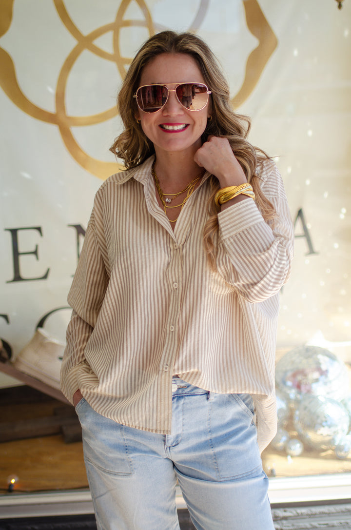 See Trough You Stripe Sheer Button Down Collared Top in Taupe