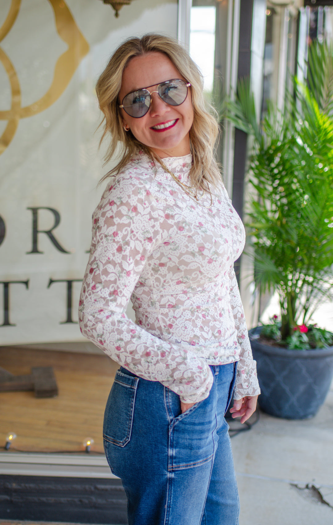 Heart Like Mine Pink Floral Fitted Long Sleeve Lace Top