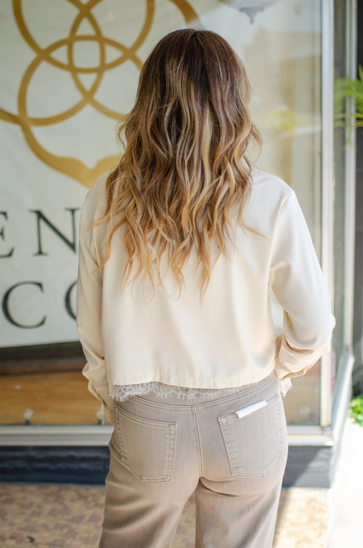 Fall Romance Lace Hem Button Down Collared Champagne Top