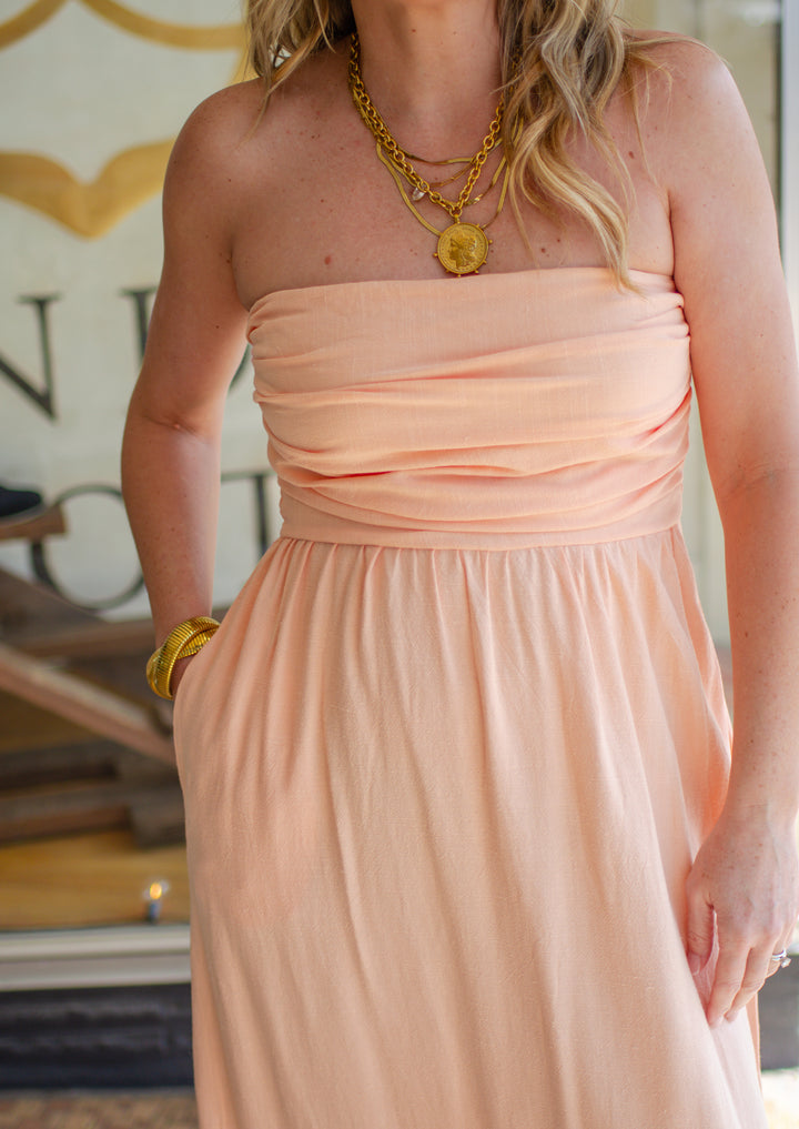 La Dolce Vita Strapless Empire Waistline Midi Dress in Peach
