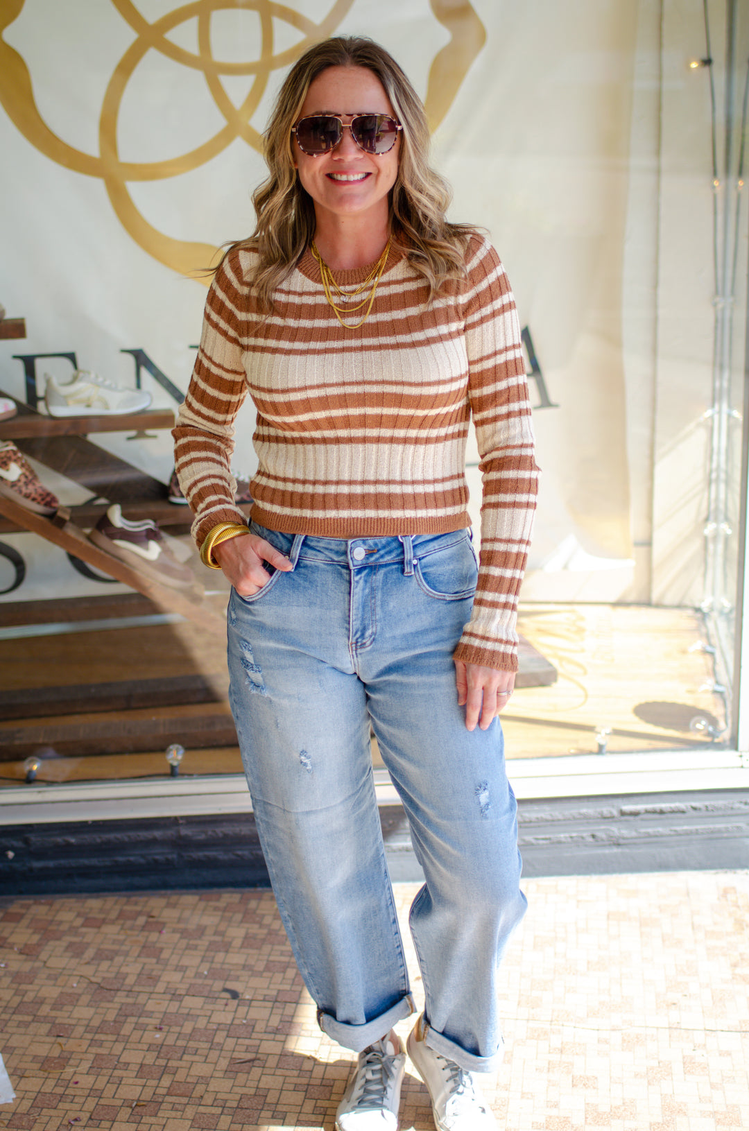 Retro Stripe Round Neckline Long Sleeve Sweater