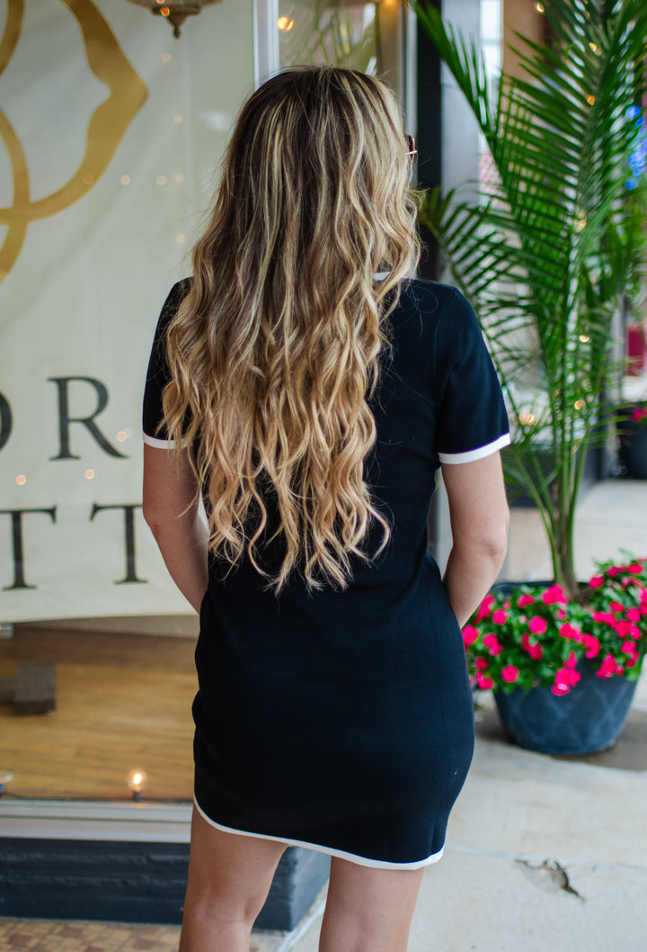 Classic Style Collared Knit Dress in Black with White Trim