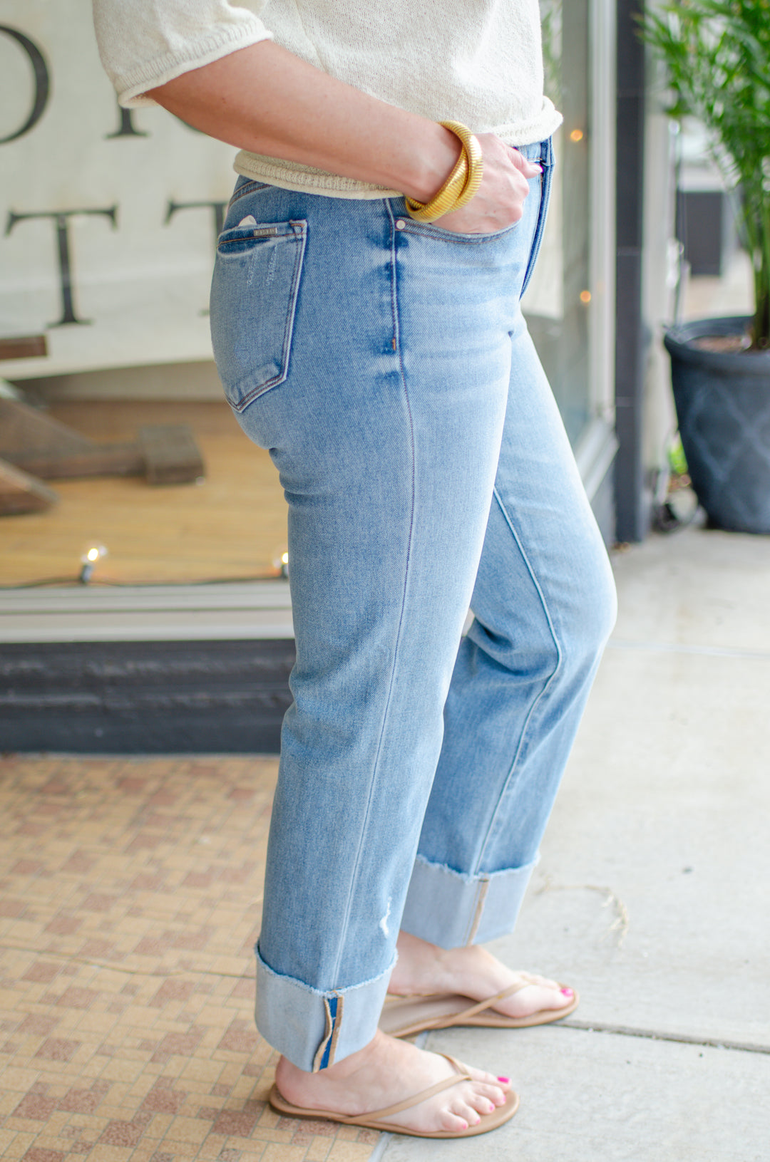 Risen Tummy Control 4 Way Stretch Mid Rise Crop Straight Cuffed Jeans in Medium