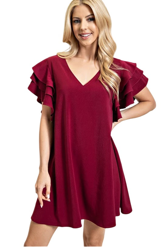 In Your Love V-Neck Ruffled Sleeve Shift Dress in Wine