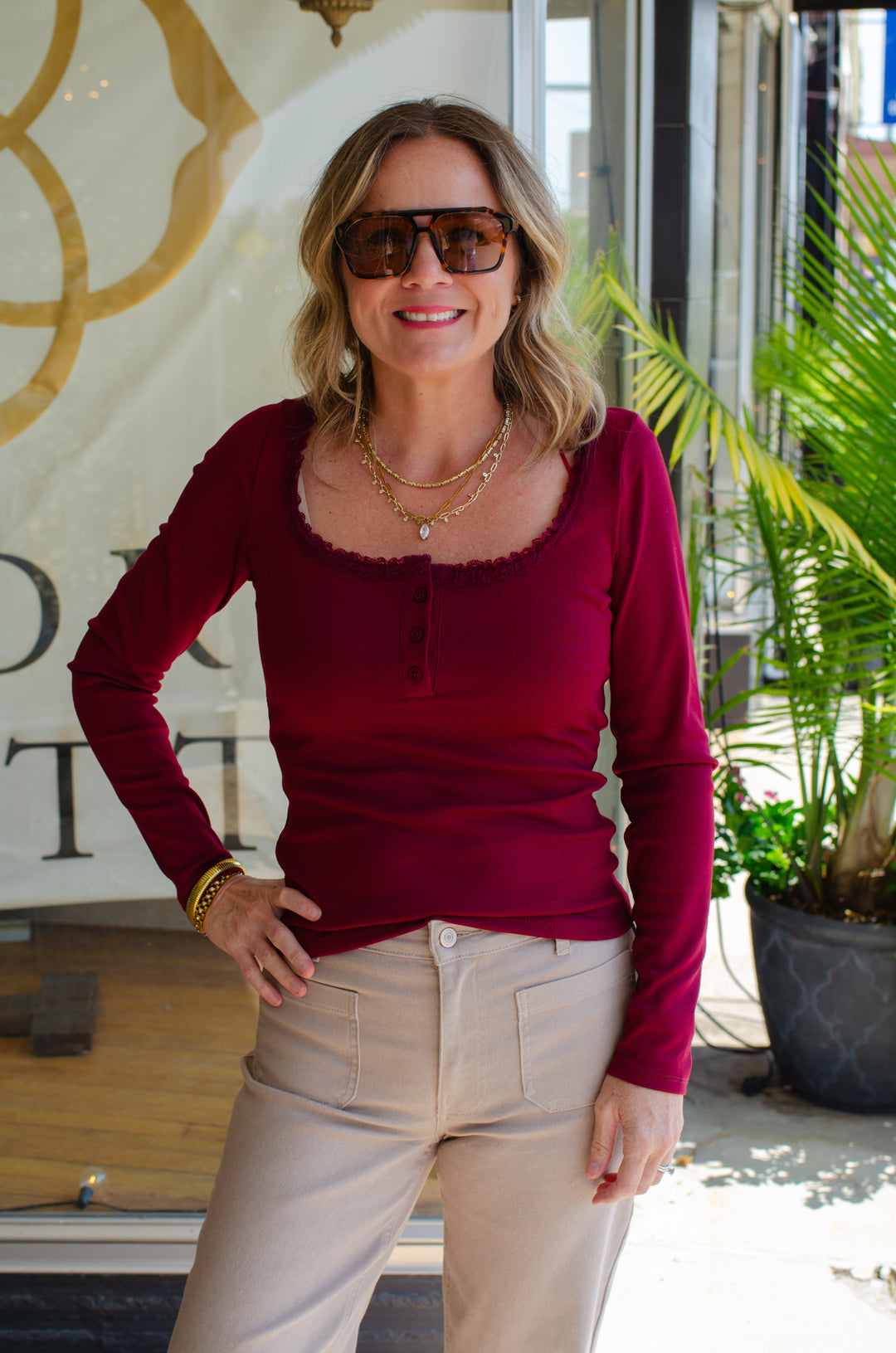 Everyday Fall Lace Trim Neckline Long Sleeve Button Down in Deep Red